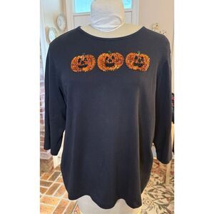 Hampshire Studio Halloween Sequin Pumpkin T-Shirt Black 3/4 sleeves Sz 1X